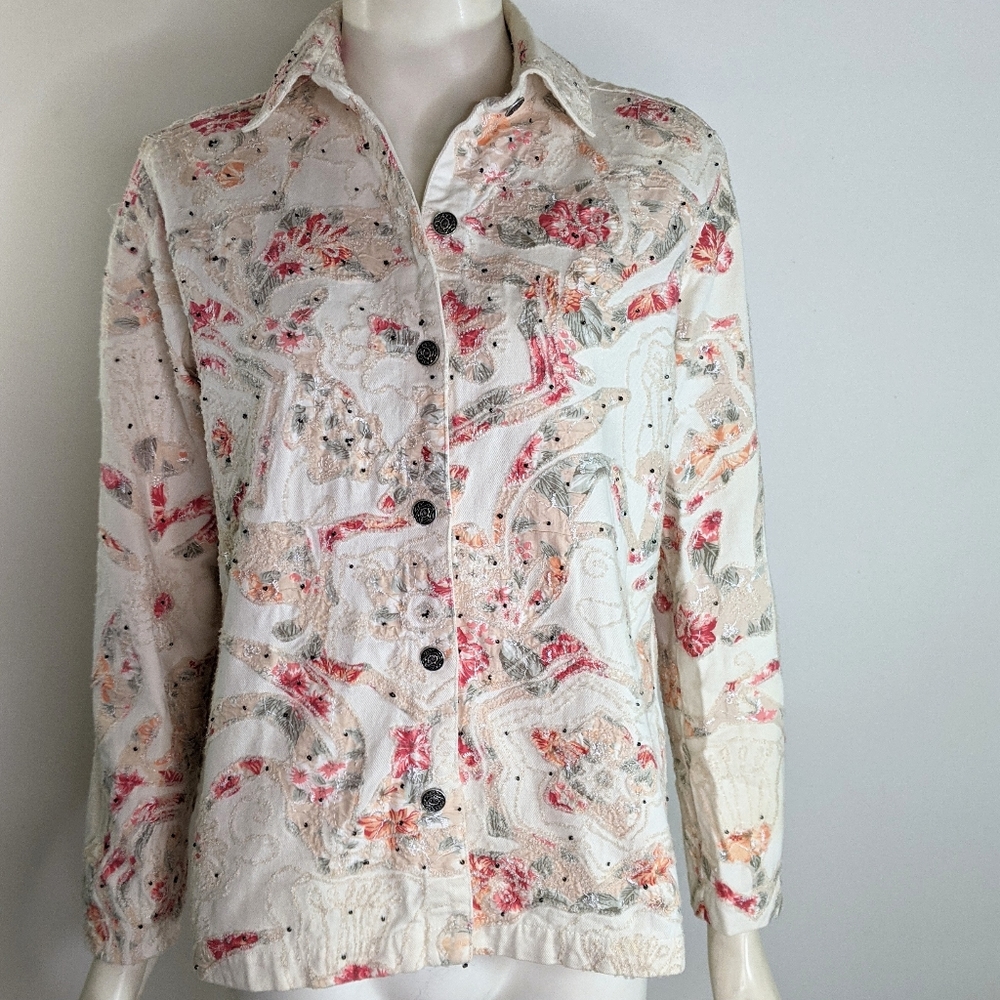 Chicos Patchwork Embroidered Jacket Floral Beaded - image 4